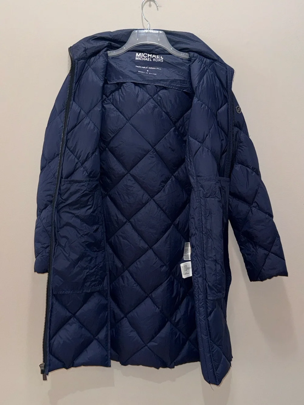 Michael Kors Navy Blue quilted Puffer Packable Down filled Trench jacket, sz S